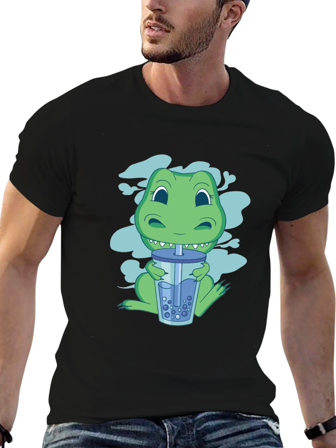 Black Dino Boba Tea Graphic Tee - Black Cotton T-Shirt view 6