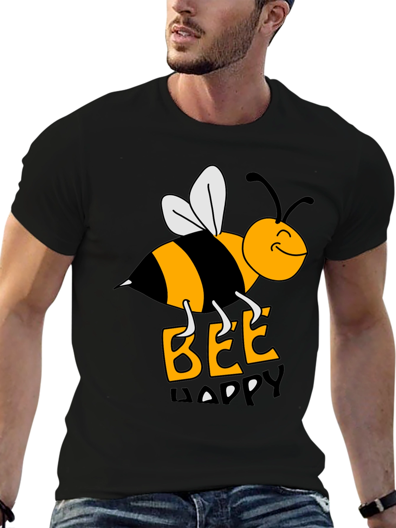 Black Bee Happy Graphic Tee - Black Cotton T-Shirt view 6