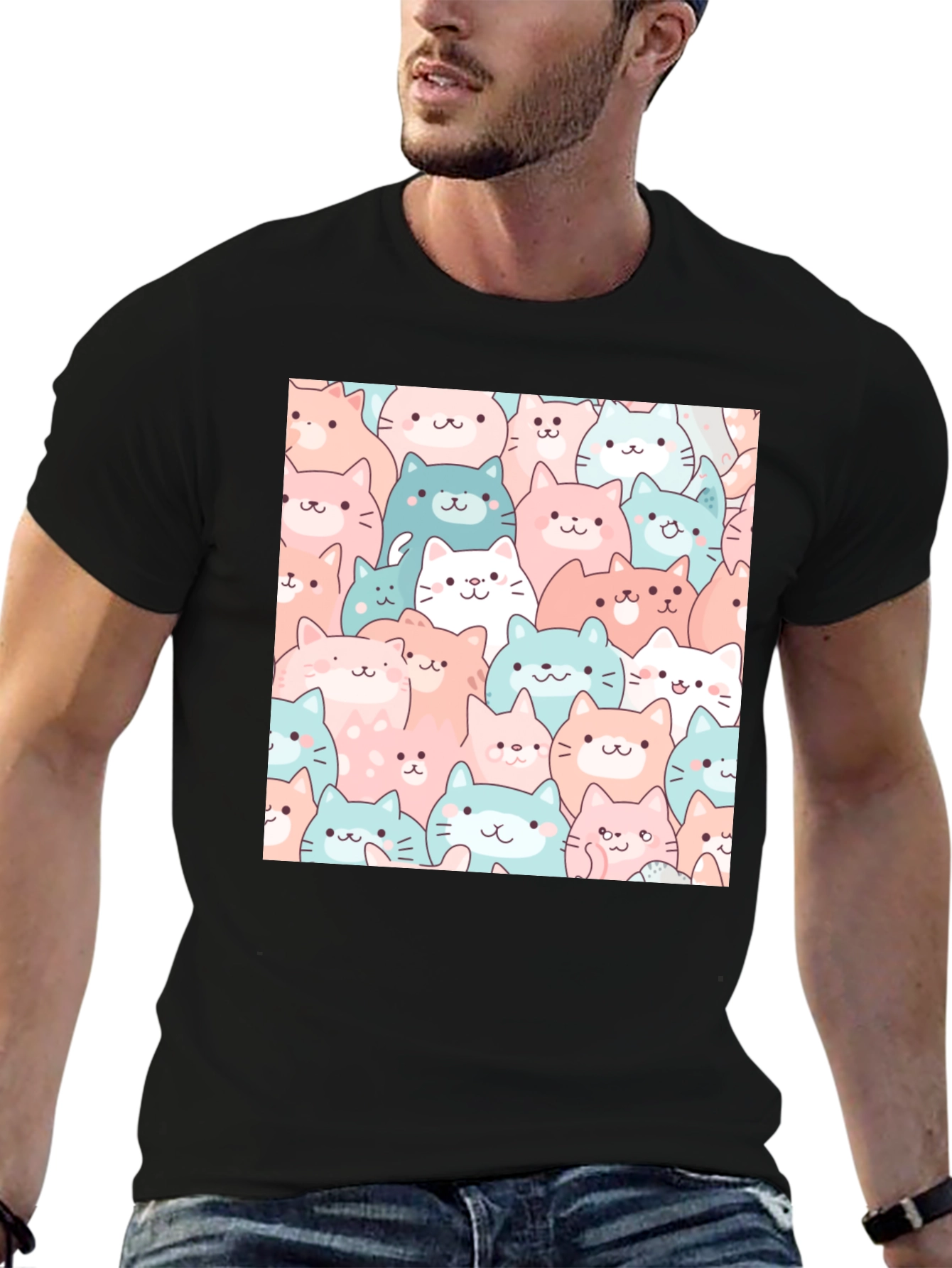 Black Cute Cats Pattern Black T-Shirt view 6