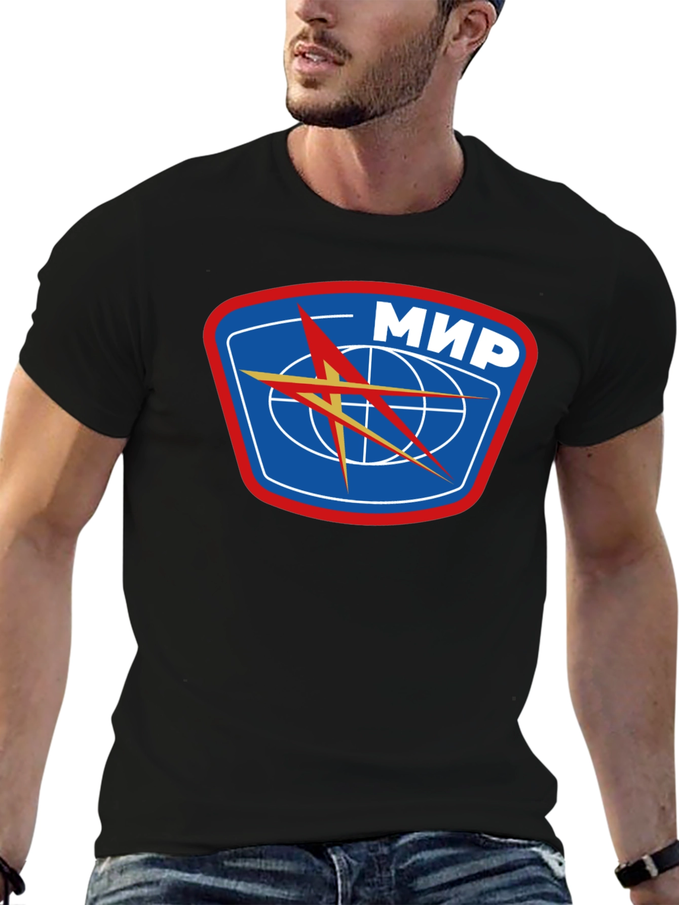 Black Retro MIR Space Station Black T-Shirt view 6