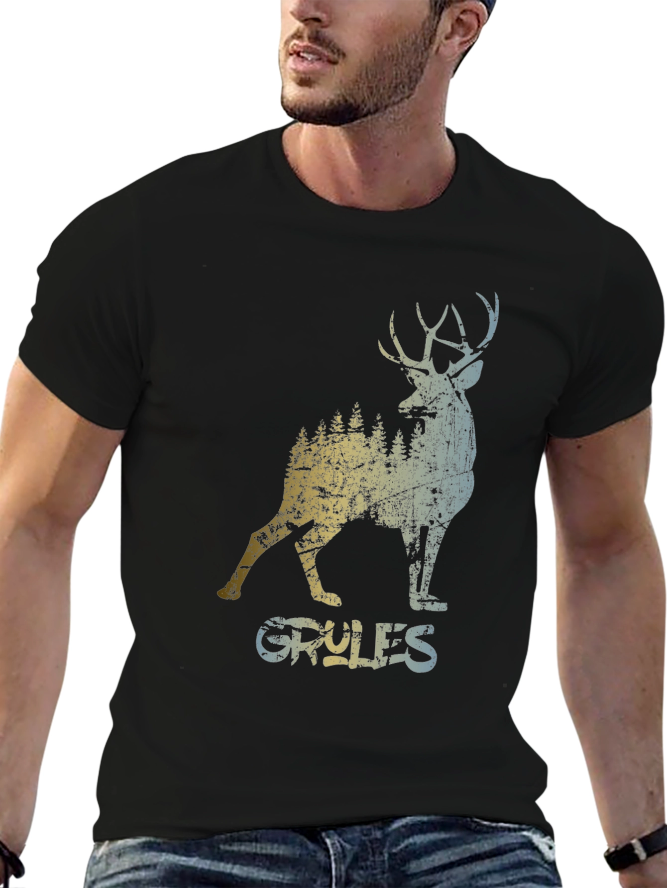Black Vintage Style Deer Graphic T-Shirt view 6