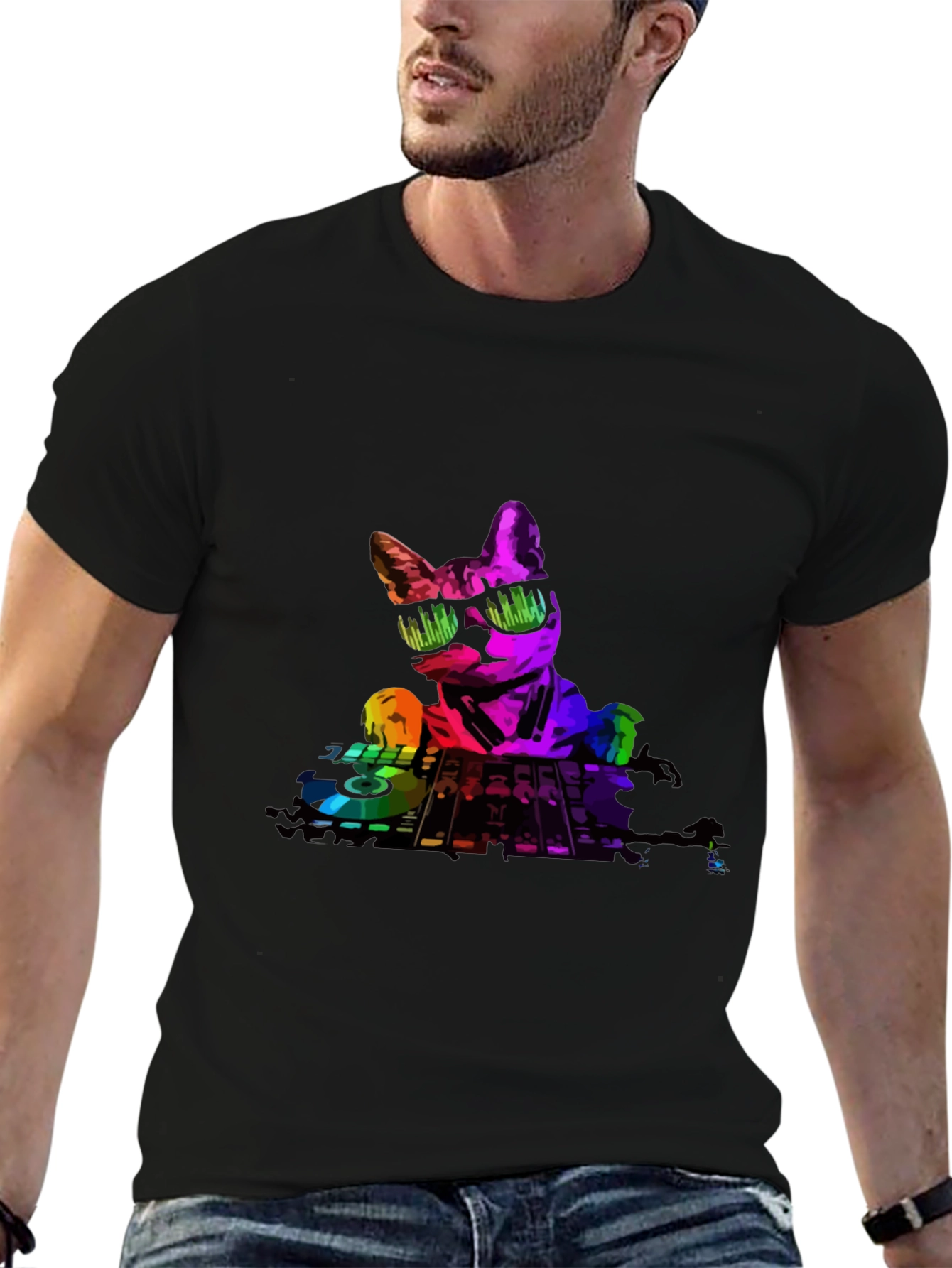 Black DJ Cat Graphic T-Shirt - Cool Music Lover Tee view 6