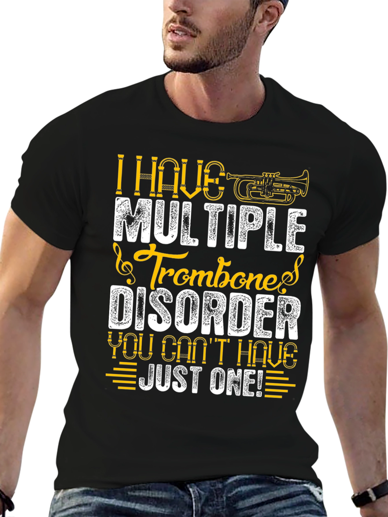 Black Multiple Trombone Disorder Funny Music T-Shirt view 6