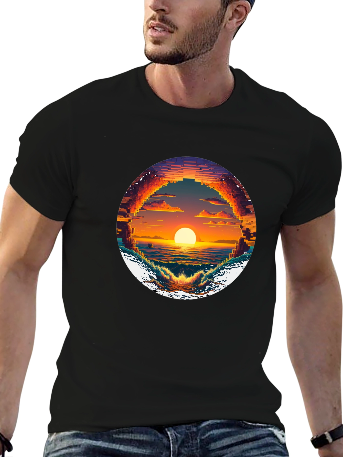Black Pixel Sunset Graphic Tee - Retro Style view 6