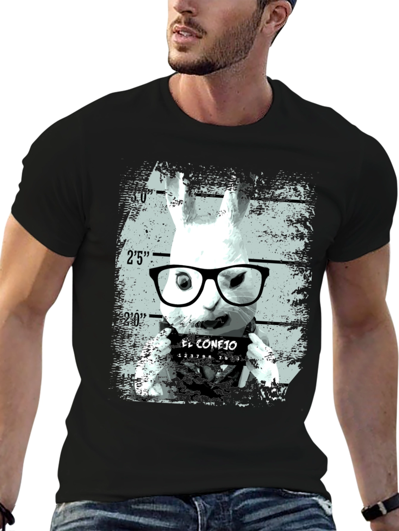 Black Funny Rabbit Mugshot Graphic Tee - Black view 6