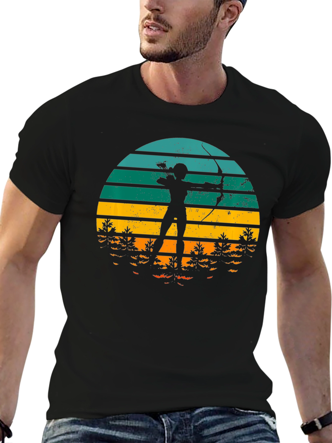 Black Archery Sunset T-Shirt - Retro Style Bow and Arrow Tee view 6