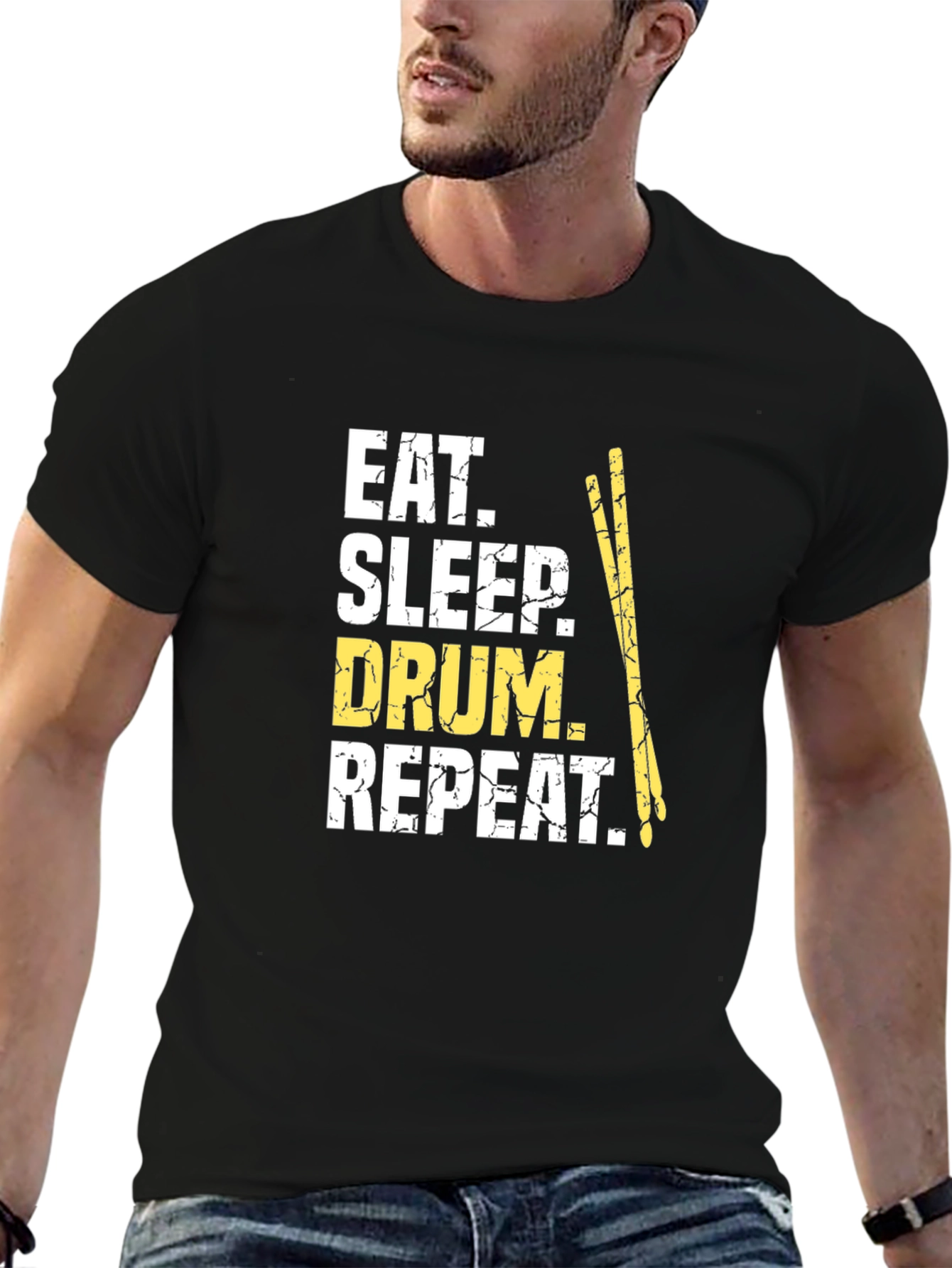 Black Eat Sleep Drum Repeat T-Shirt - Music Lover Tee view 6