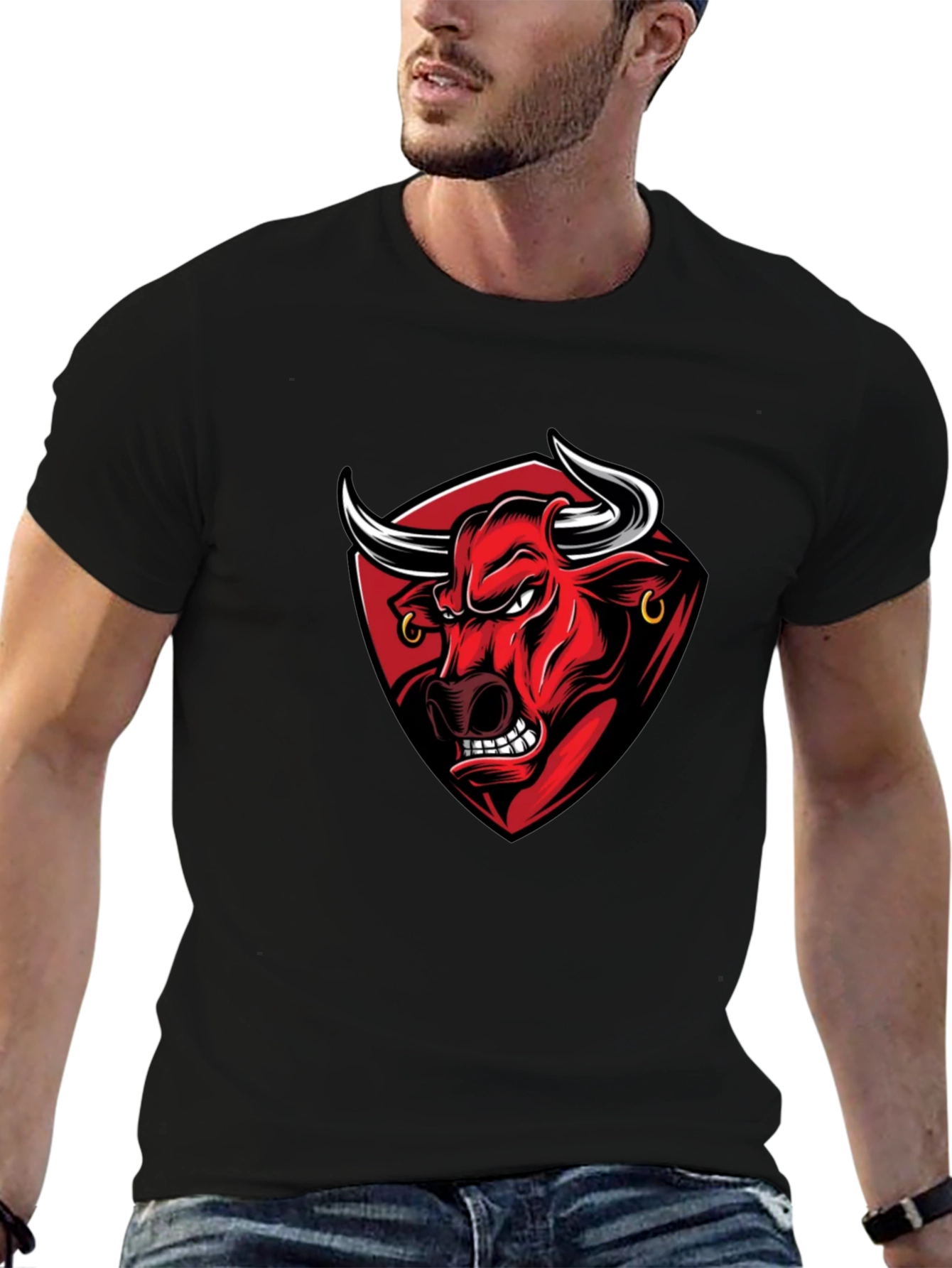 Black Men's Black Graphic Tee - Angry Bull Design view 6