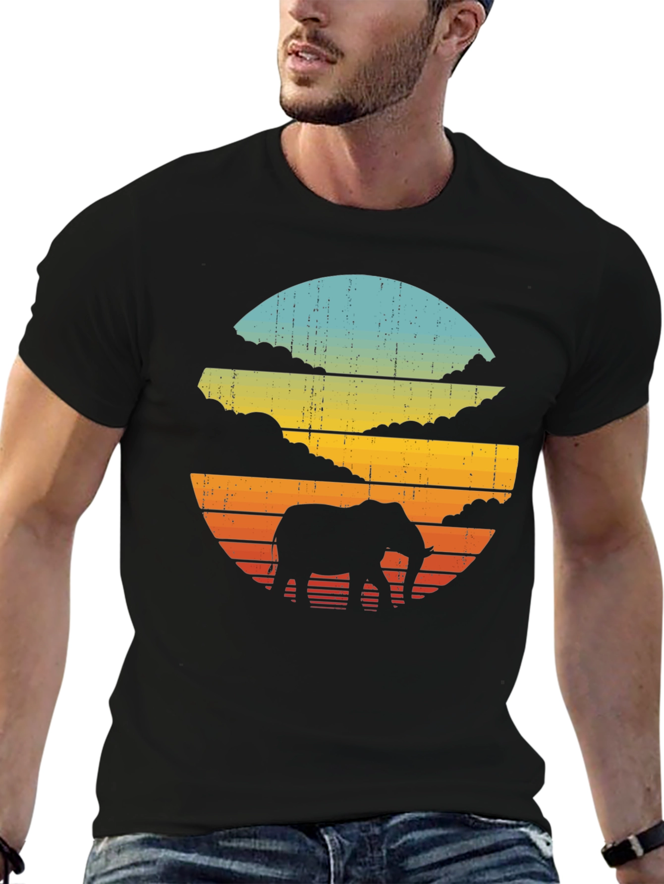 Black Retro Elephant Sunset Black T-Shirt view 6