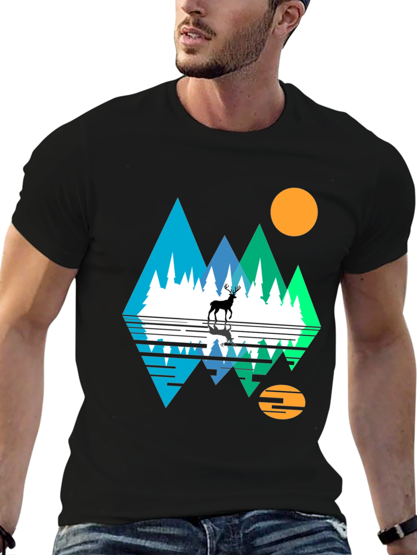 Black Nature Deer Graphic Tee - Black Cotton Blend view 6