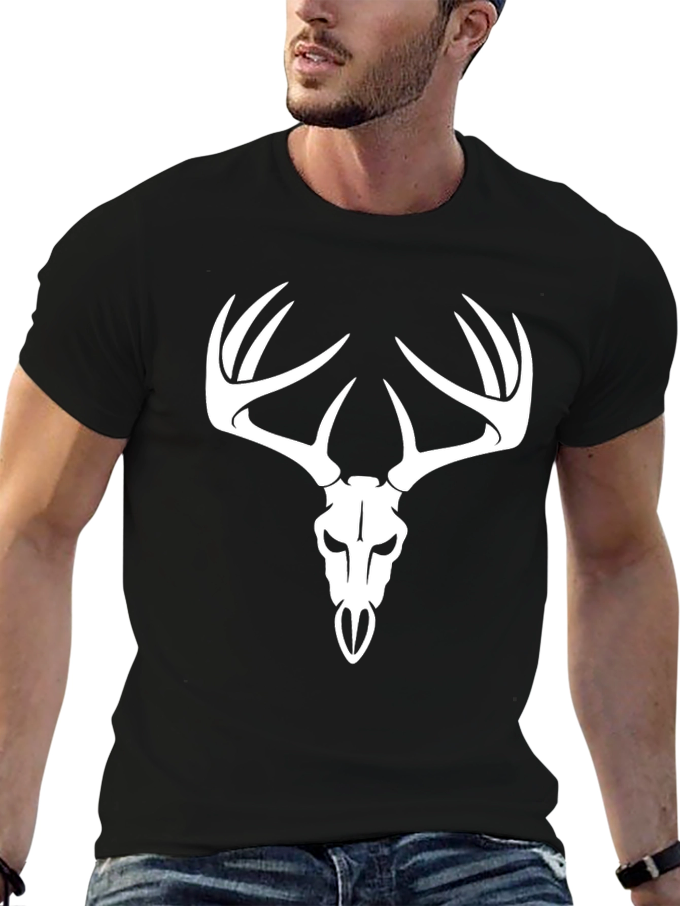 Black Deer Skull Graphic Tee - Black Cotton T-Shirt view 6