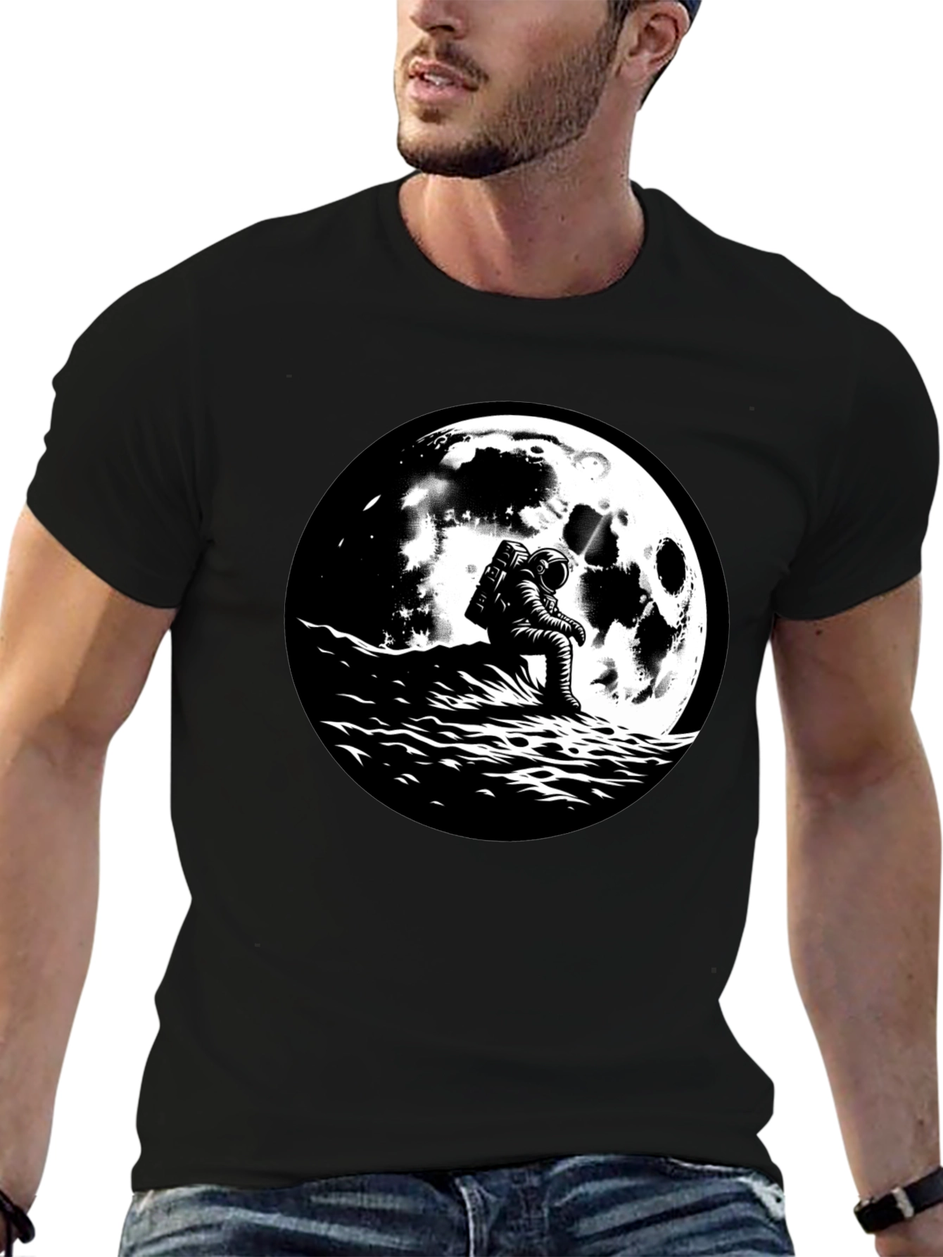 Black Astronaut Moon Graphic T-Shirt - Black Cotton Tee view 6