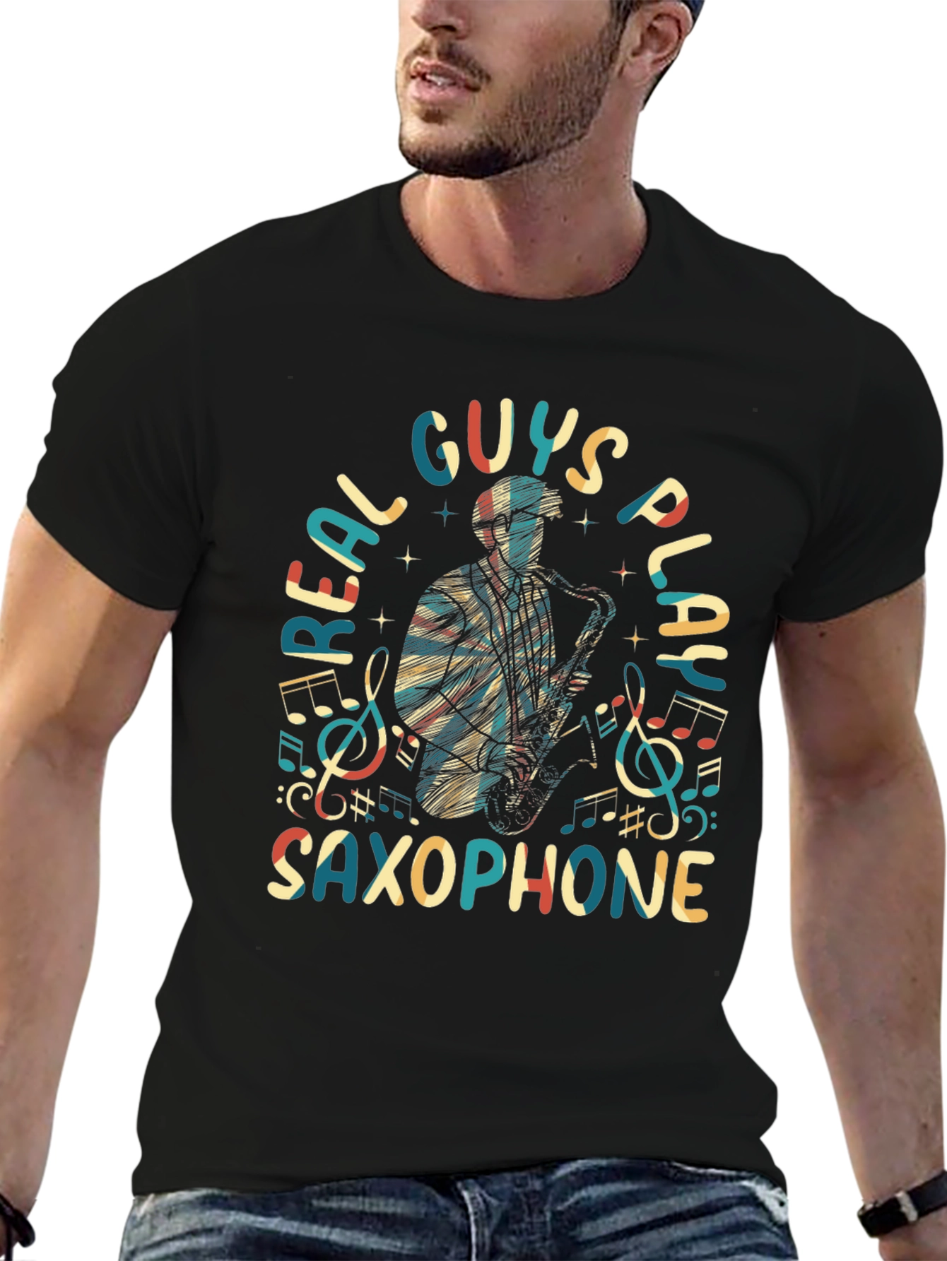 Black Real Guys Play Saxophone Graphic Tee view 6