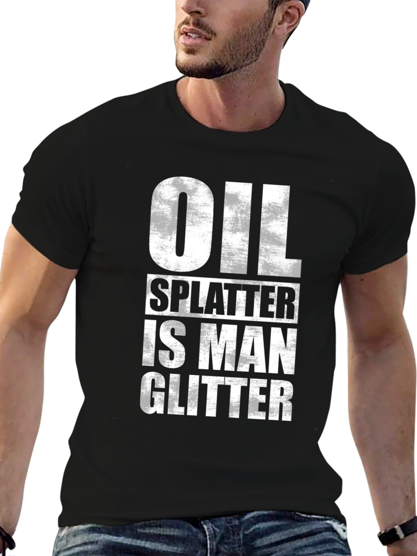 Black Oil Splatter is Man Glitter Graphic Tee view 6