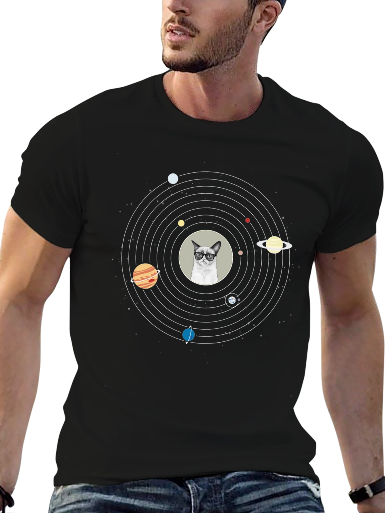 Black Cat Planet T-Shirt - Solar System Funny Tee view 6
