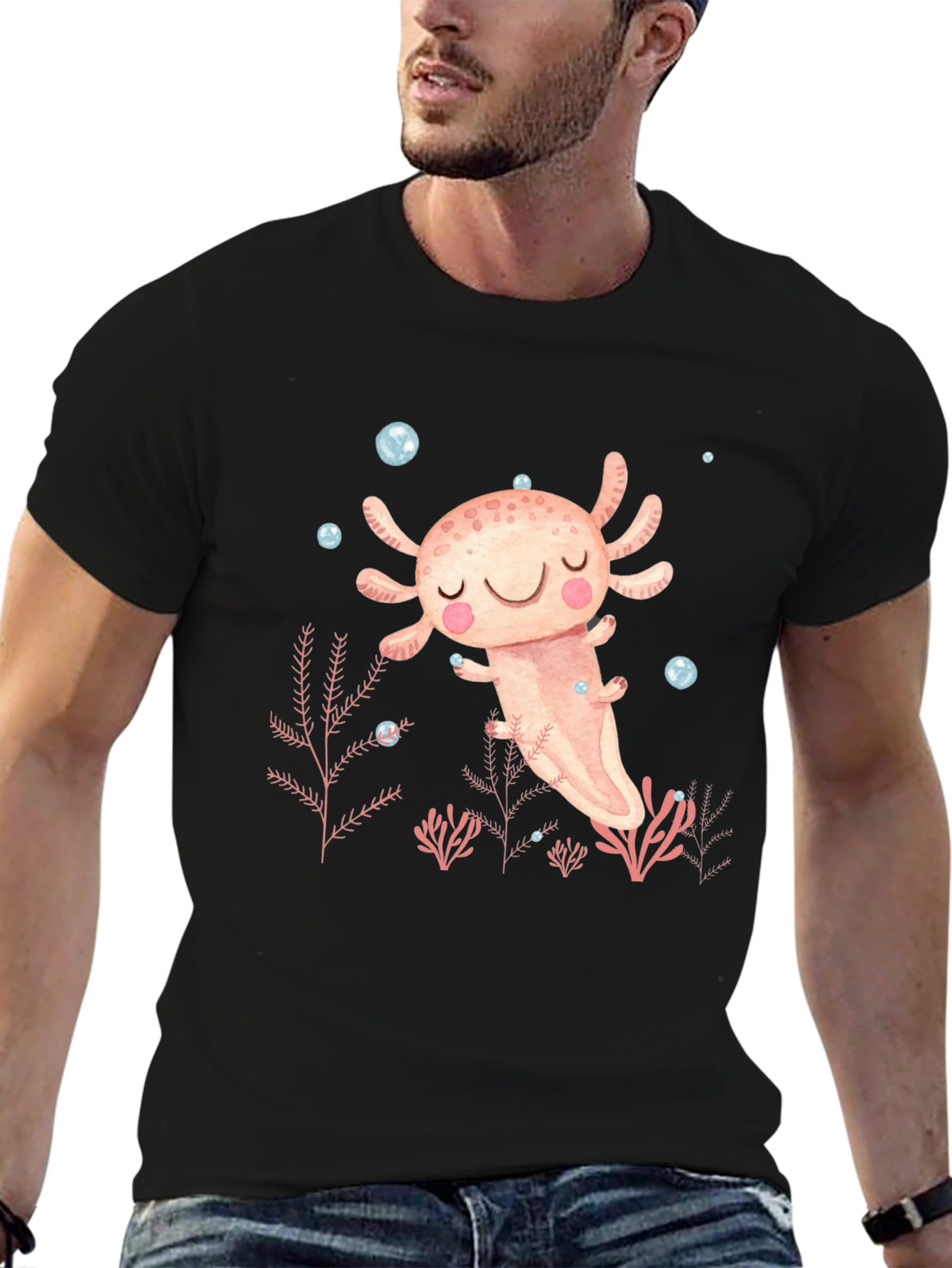 Black Axolotl Cute Kawaii Design Black T-Shirt view 6