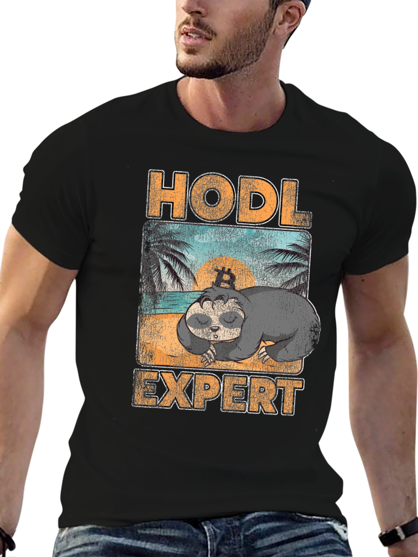 Black HODL Expert Sloth Bitcoin Crypto T-Shirt view 6