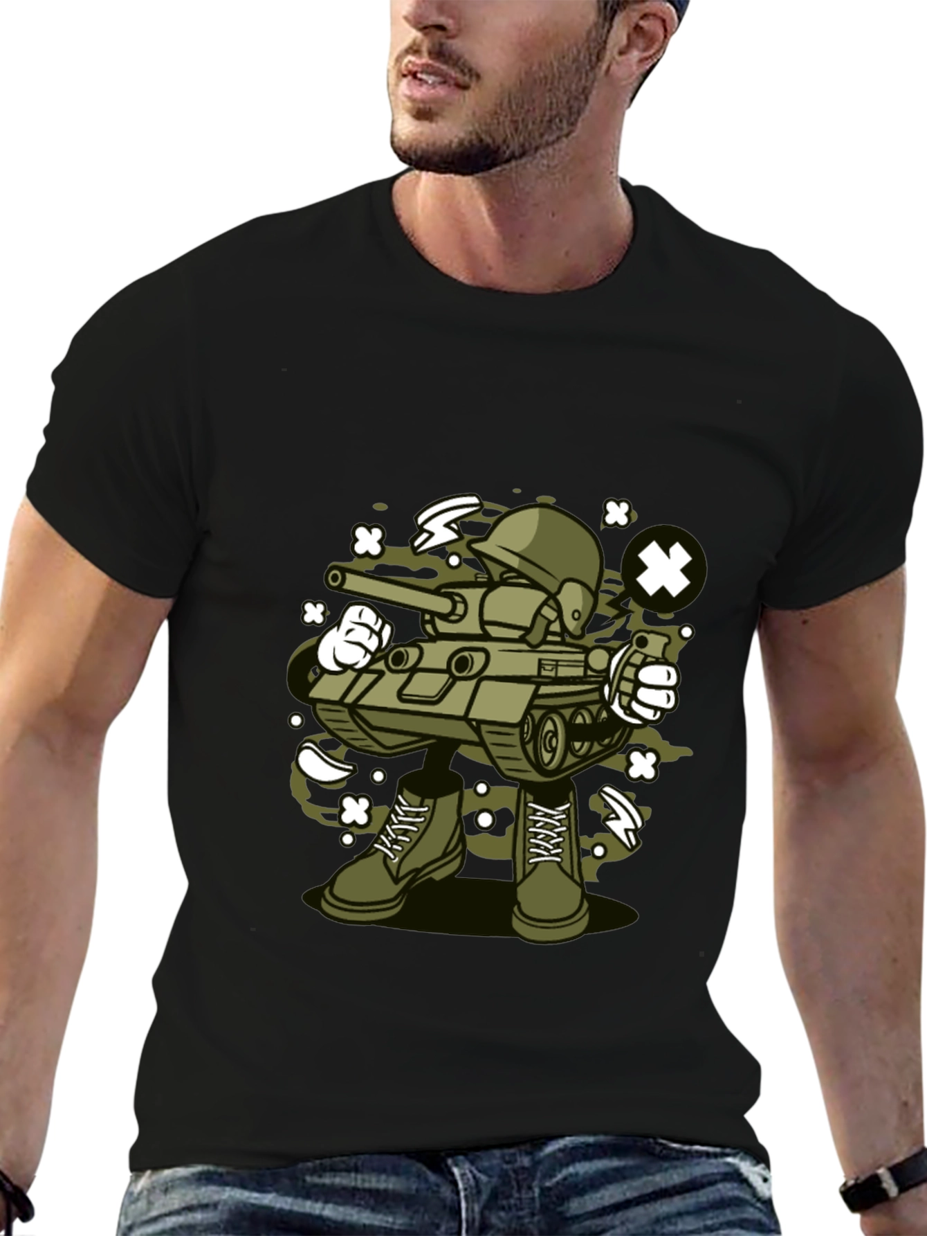 Black Cartoon Tank Soldier T-Shirt - Black view 6