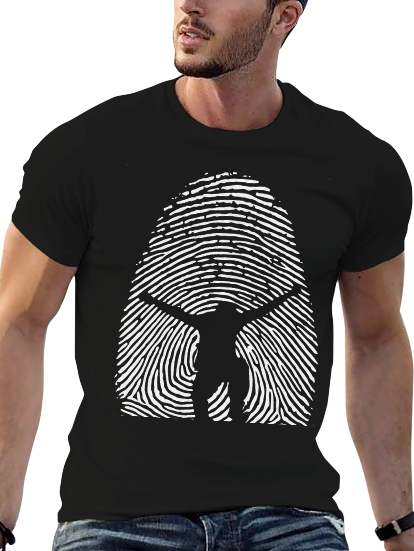 Black Vitruvian Man Fingerprint Graphic T-Shirt view 6