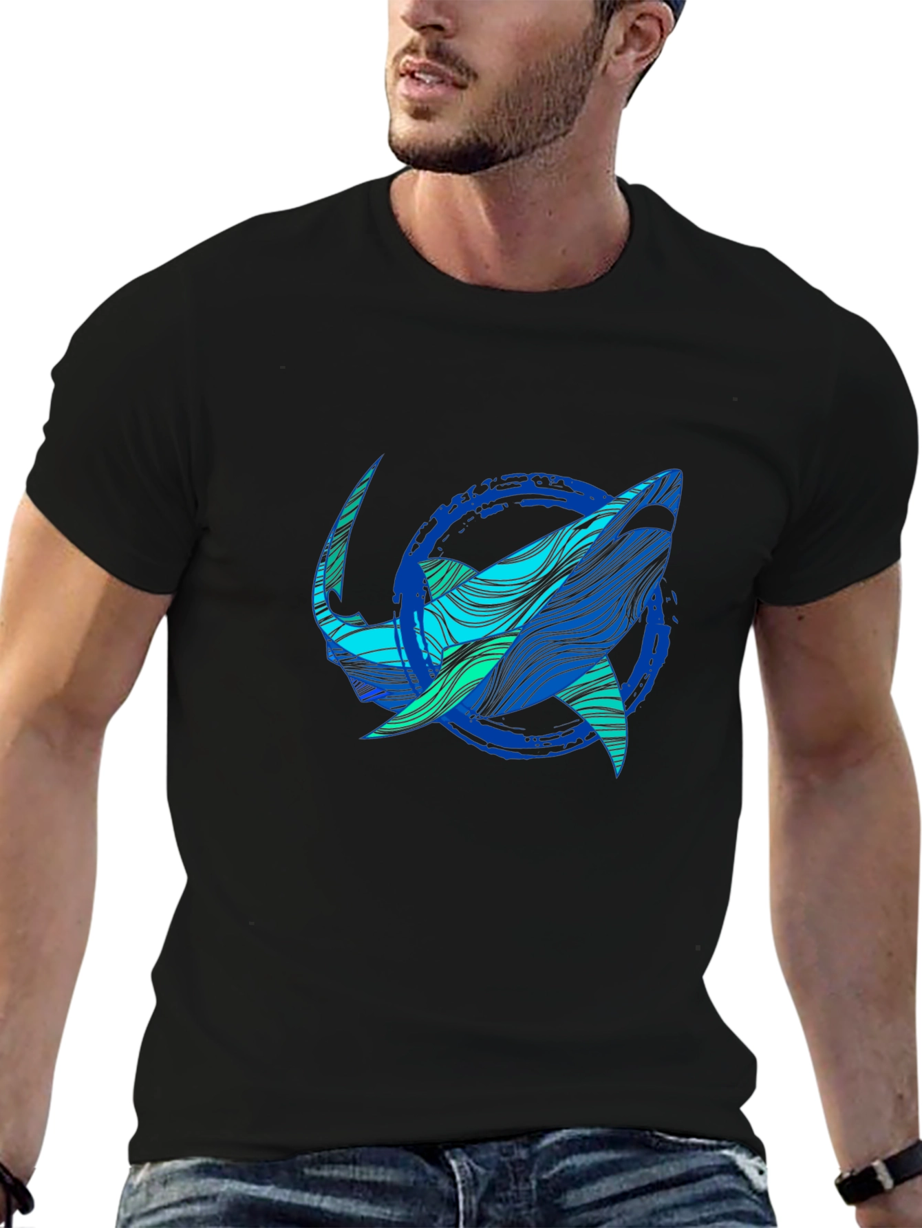 Black Shark Graphic Print Tee - Stylish Blue Wave Design view 6