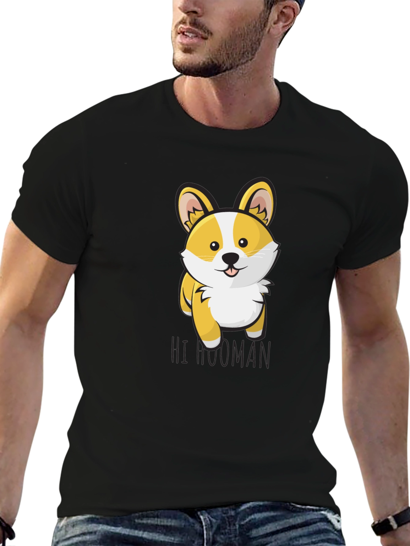 Black Cute Corgi 'Hi Human' Graphic T-Shirt view 6