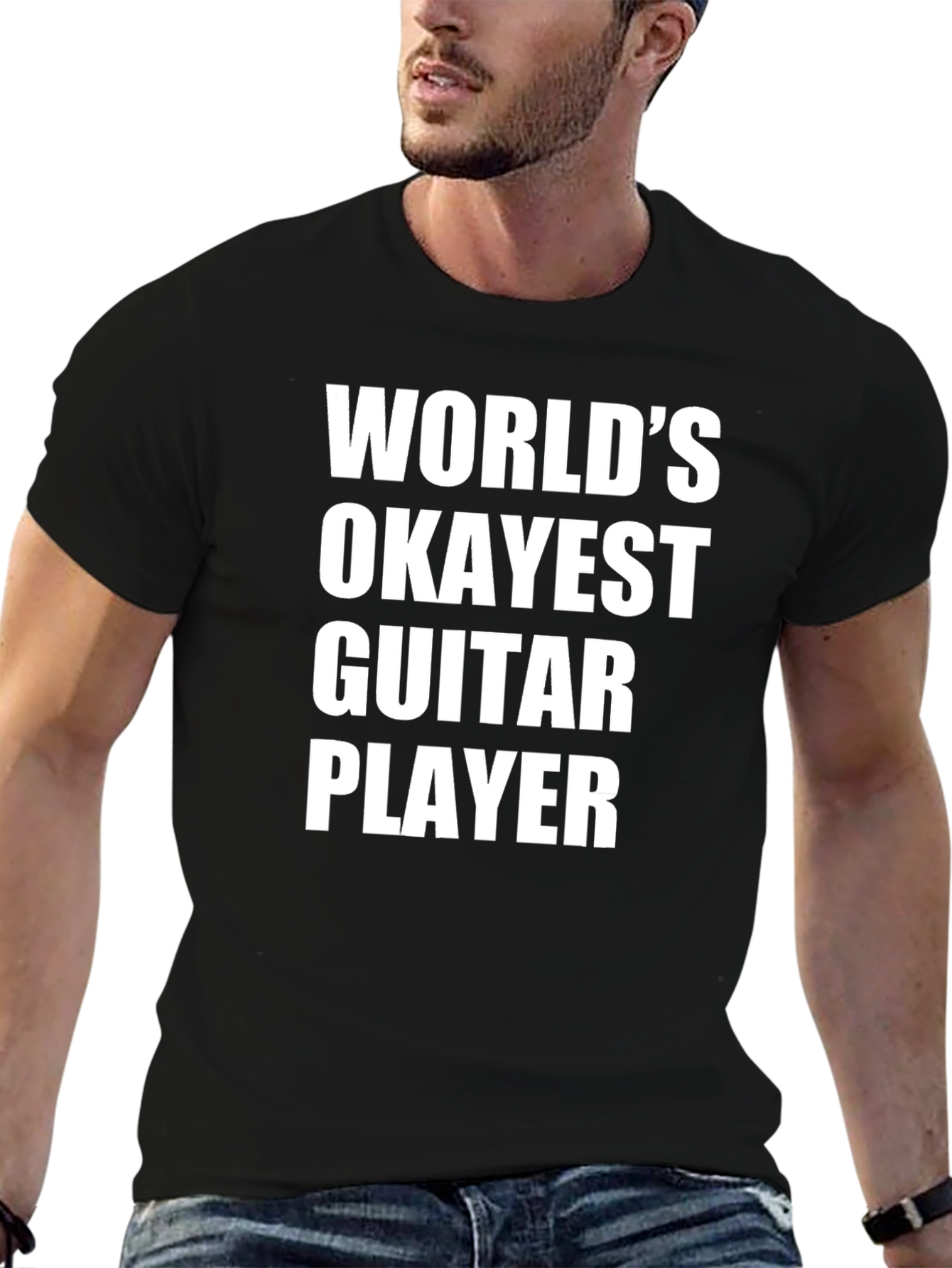 Black World's Okayest Guitar Player - Funny Black T-Shirt view 6