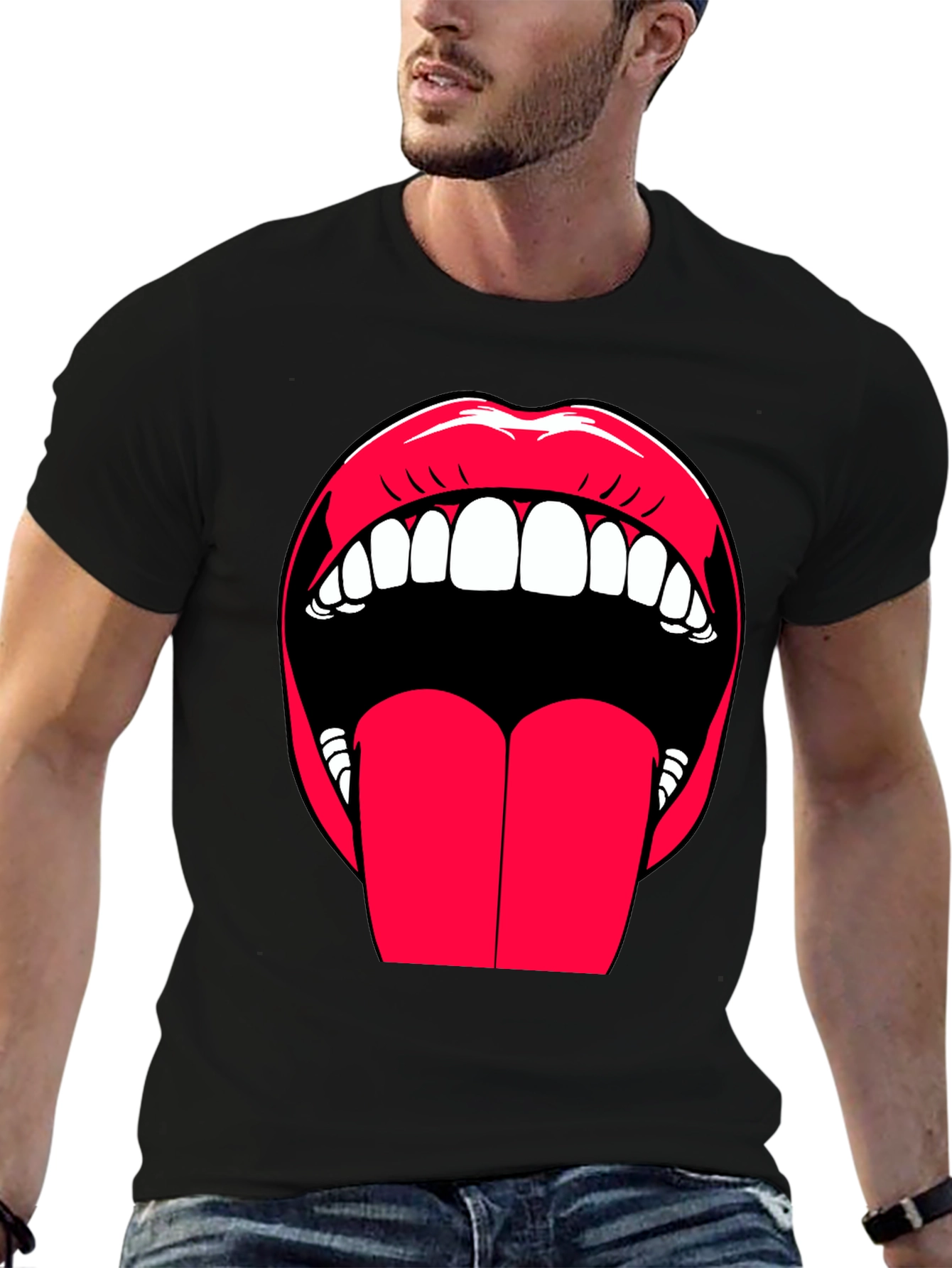 Black Bold Lips Graphic Tee - Expressive Black Cotton T-Shirt view 6
