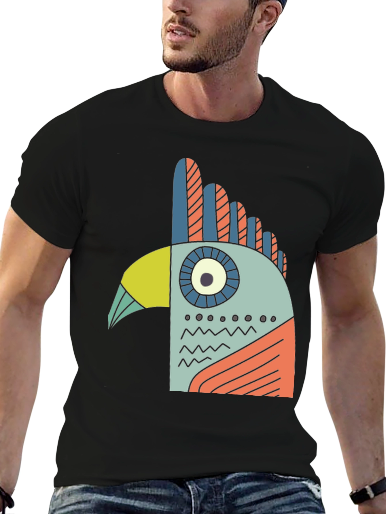 Black Abstract Bird Graphic Tee - Black Cotton T-Shirt view 6