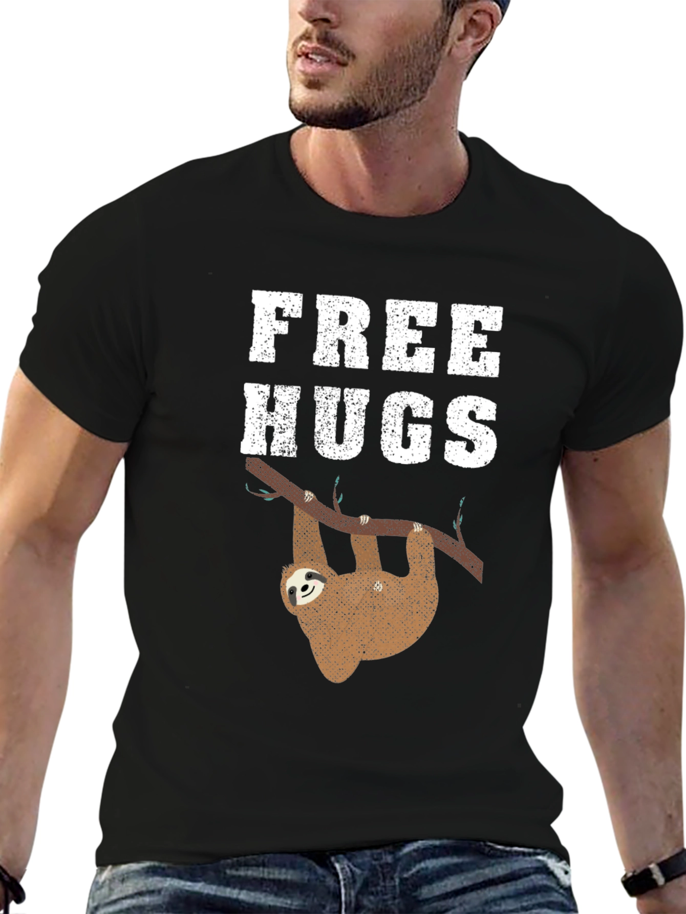 Black Free Hugs Sloth Graphic Tee Shirt view 6