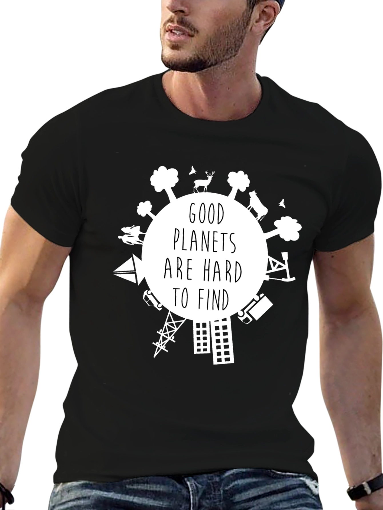 Black Good Planets are Hard to Find Graphic T-Shirt view 6