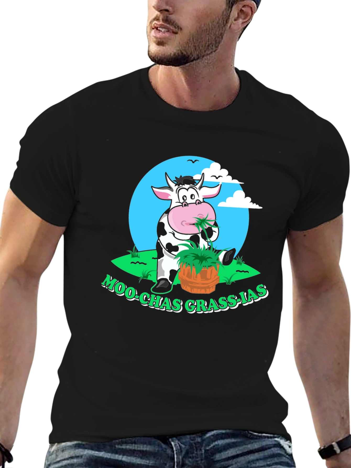 Black Moo-chas Grass-ias Funny Cow Graphic Tee view 6