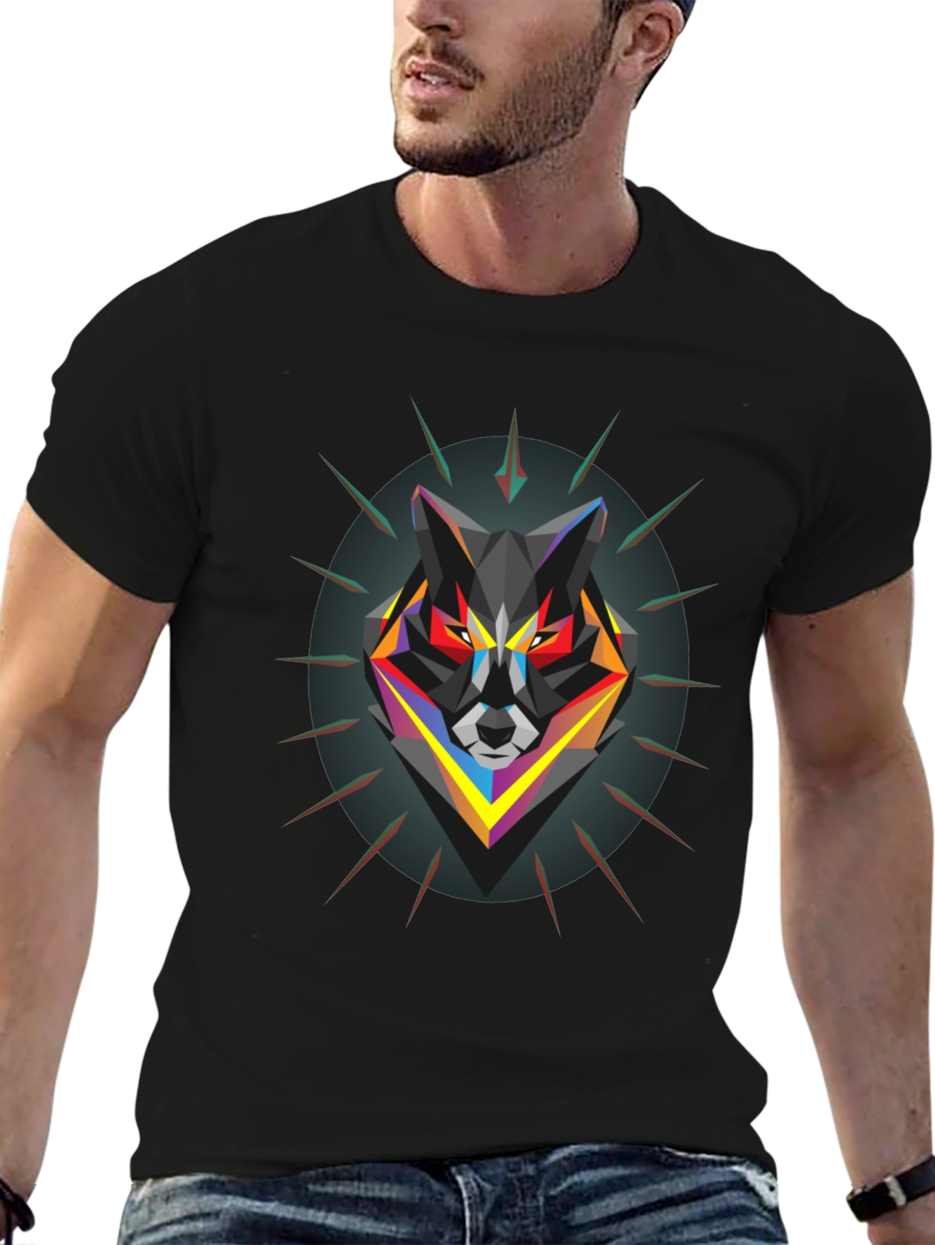 Black Geometric Wolf Graphic Black T-Shirt view 6