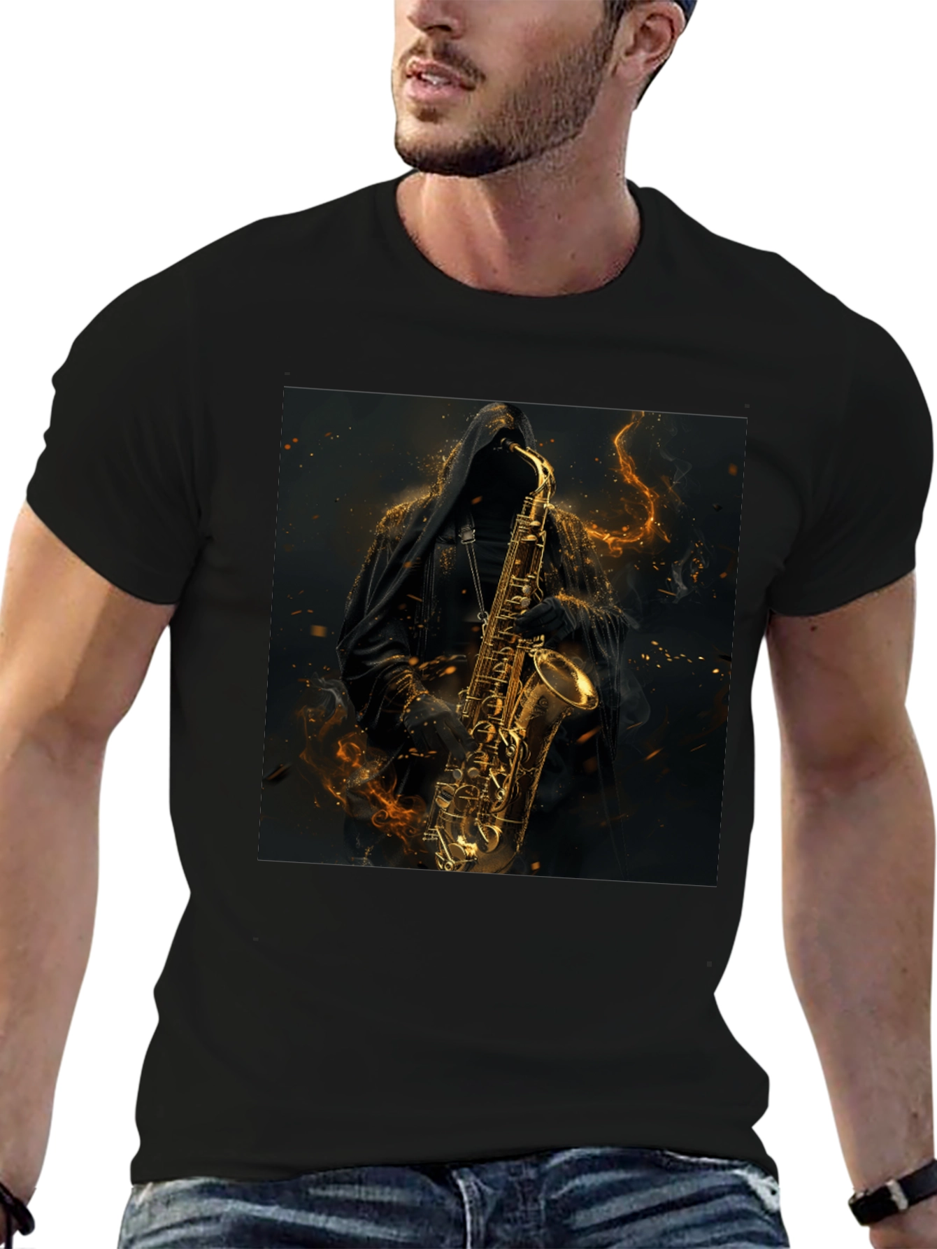 Black Saxophone Reaper Graphic Black T-Shirt view 6