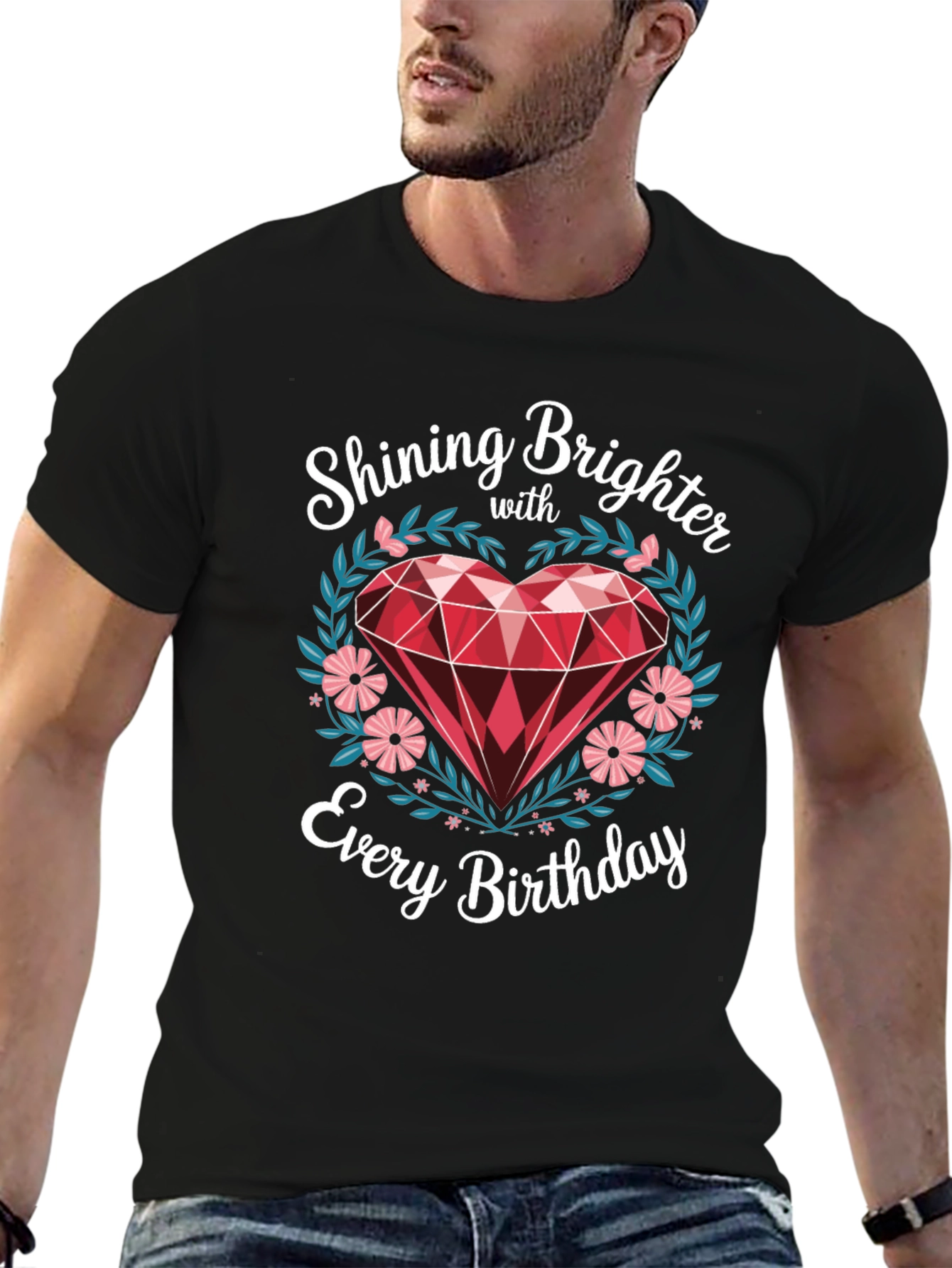 Black Shining Brighter Birthday T-Shirt - Heart Gem Design view 6