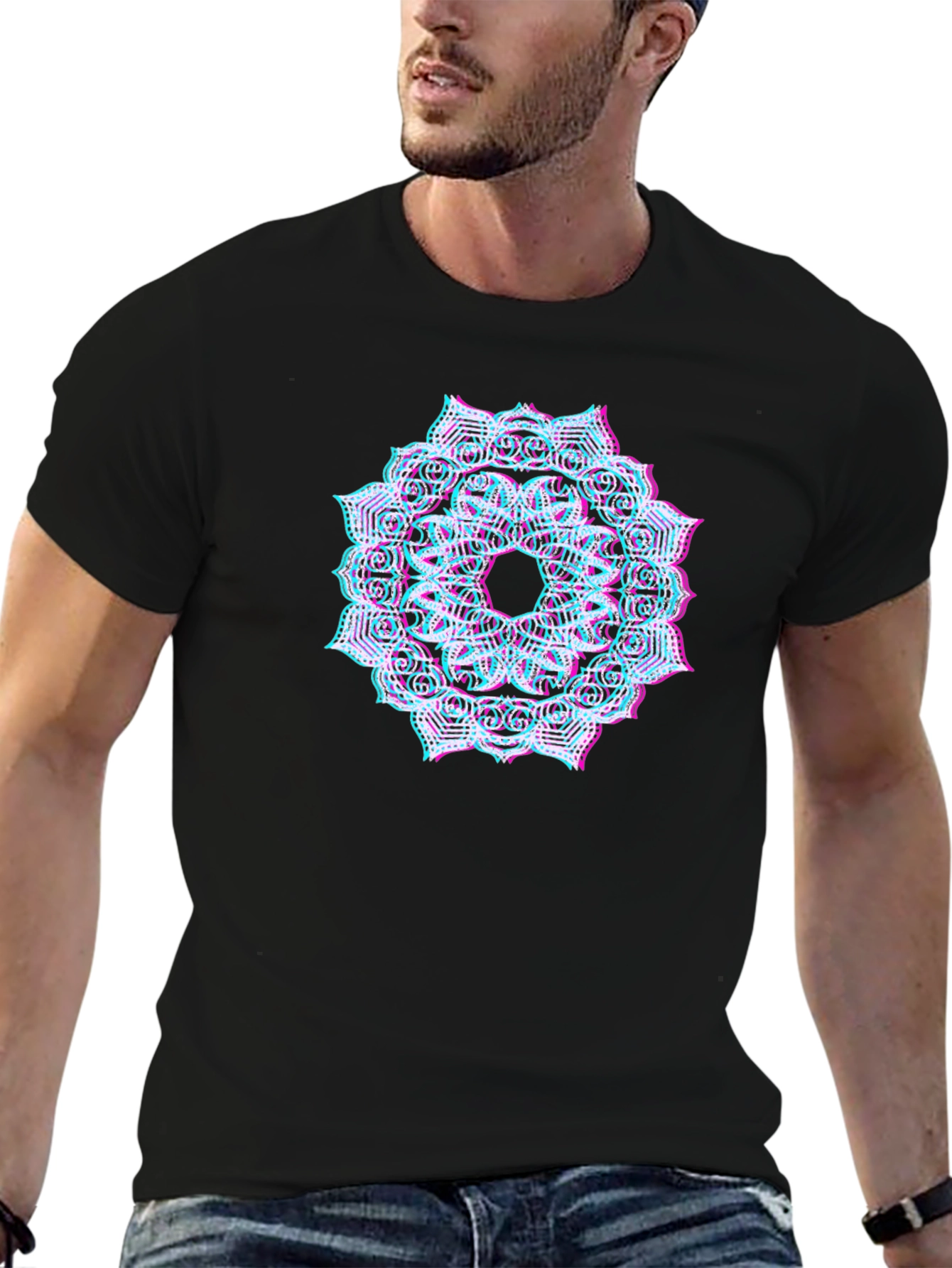 Black Mandala Glitch Black T-Shirt view 6