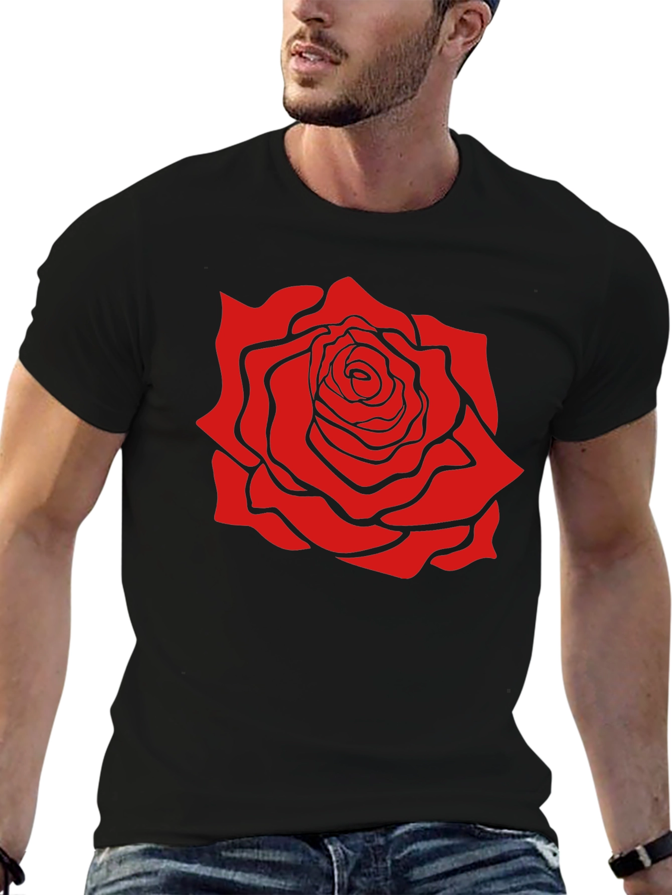 Black Black T-Shirt with Bold Red Rose Graphic view 6