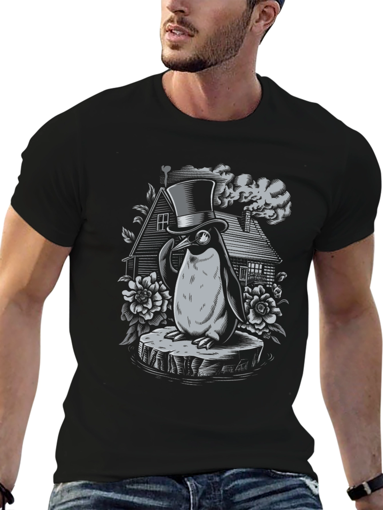 Black Penguin Top Hat Graphic Tee - Unique Design view 6