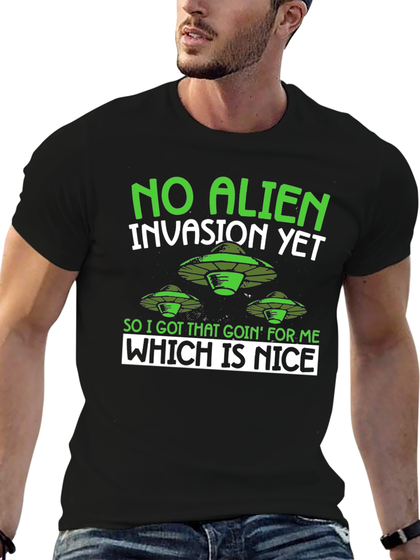 Black No Alien Invasion Humor Graphic T-Shirt view 6