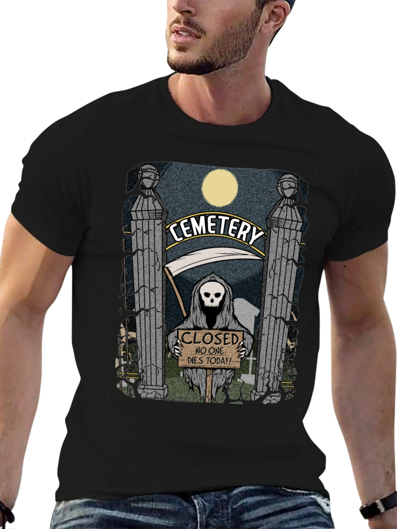 Black Cemetery Reaper Graphic T-Shirt - No One Dies Today view 6