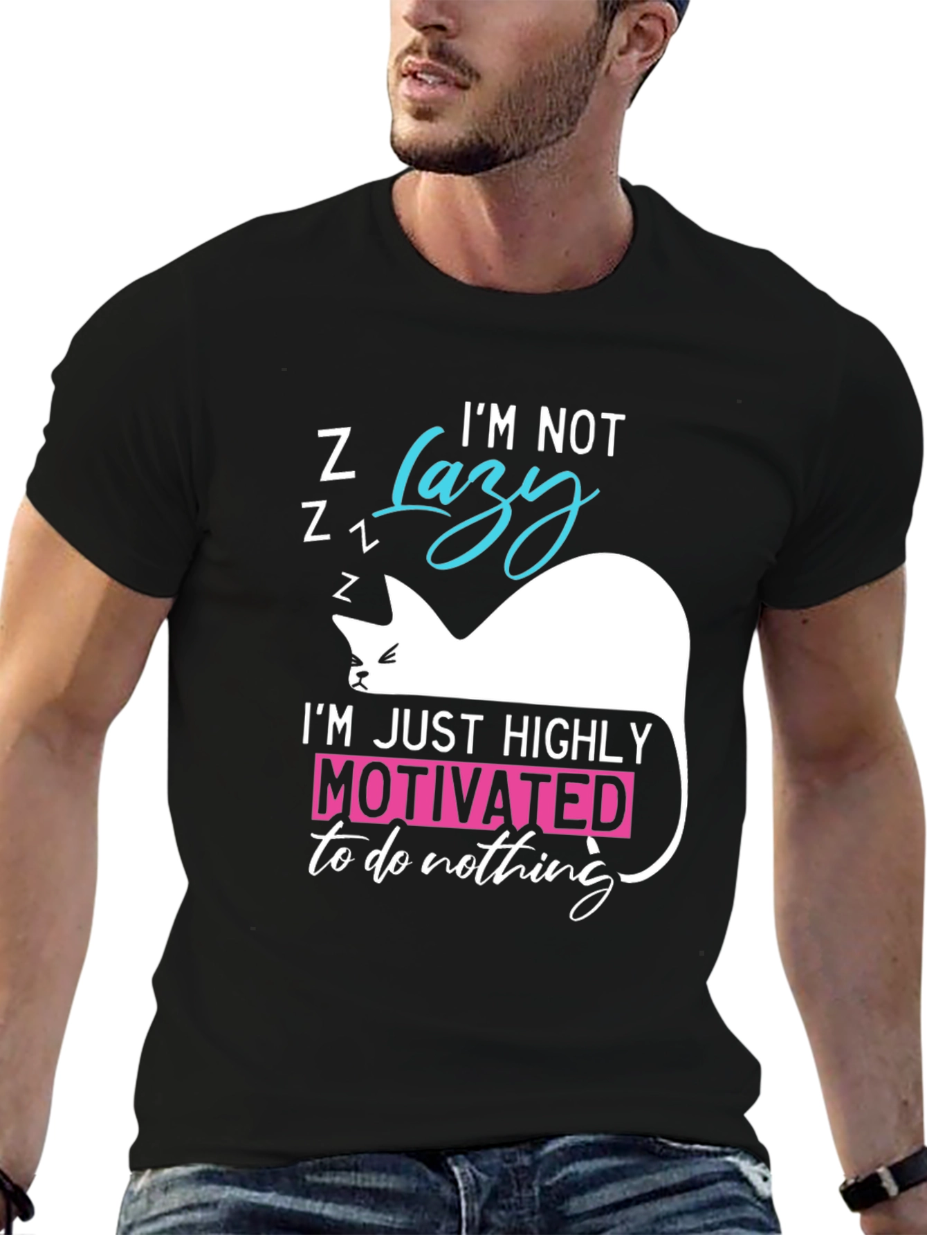 Black Funny Cat Lazy Motivation T-Shirt view 6