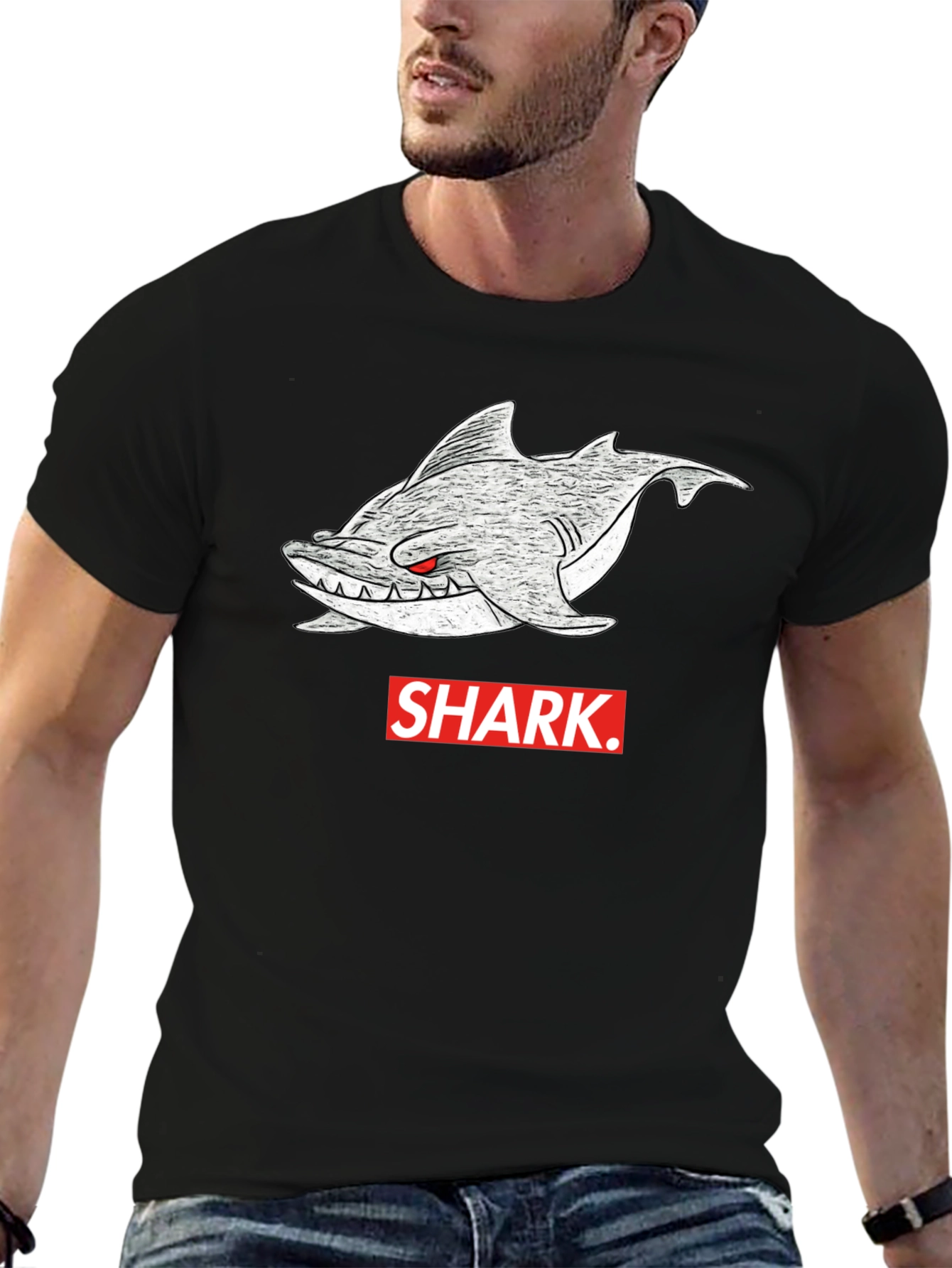 Black Shark Graphic Tee - Men's Black Cotton T-Shirt view 6