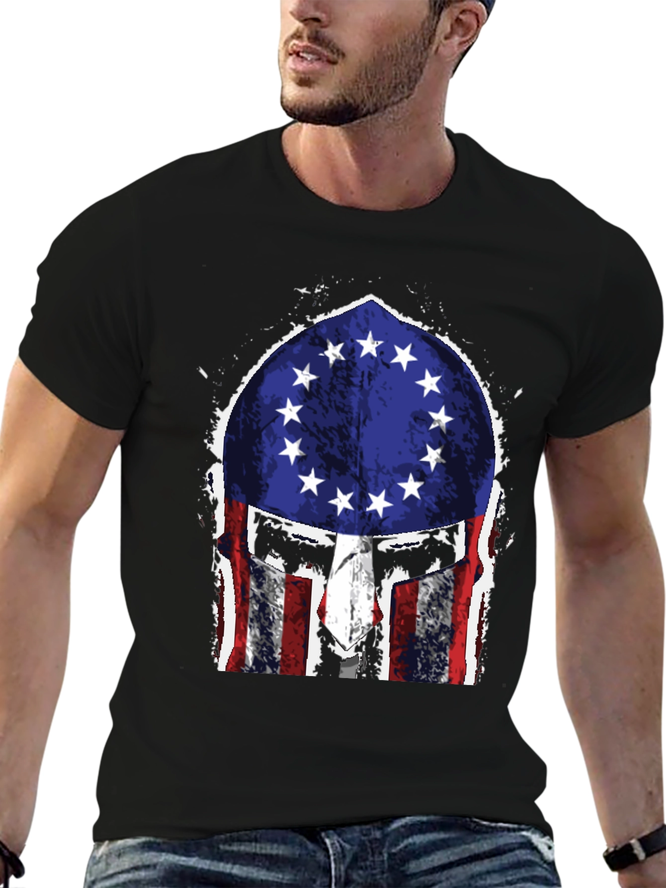 Black American Flag Spartan Helmet T-Shirt view 6