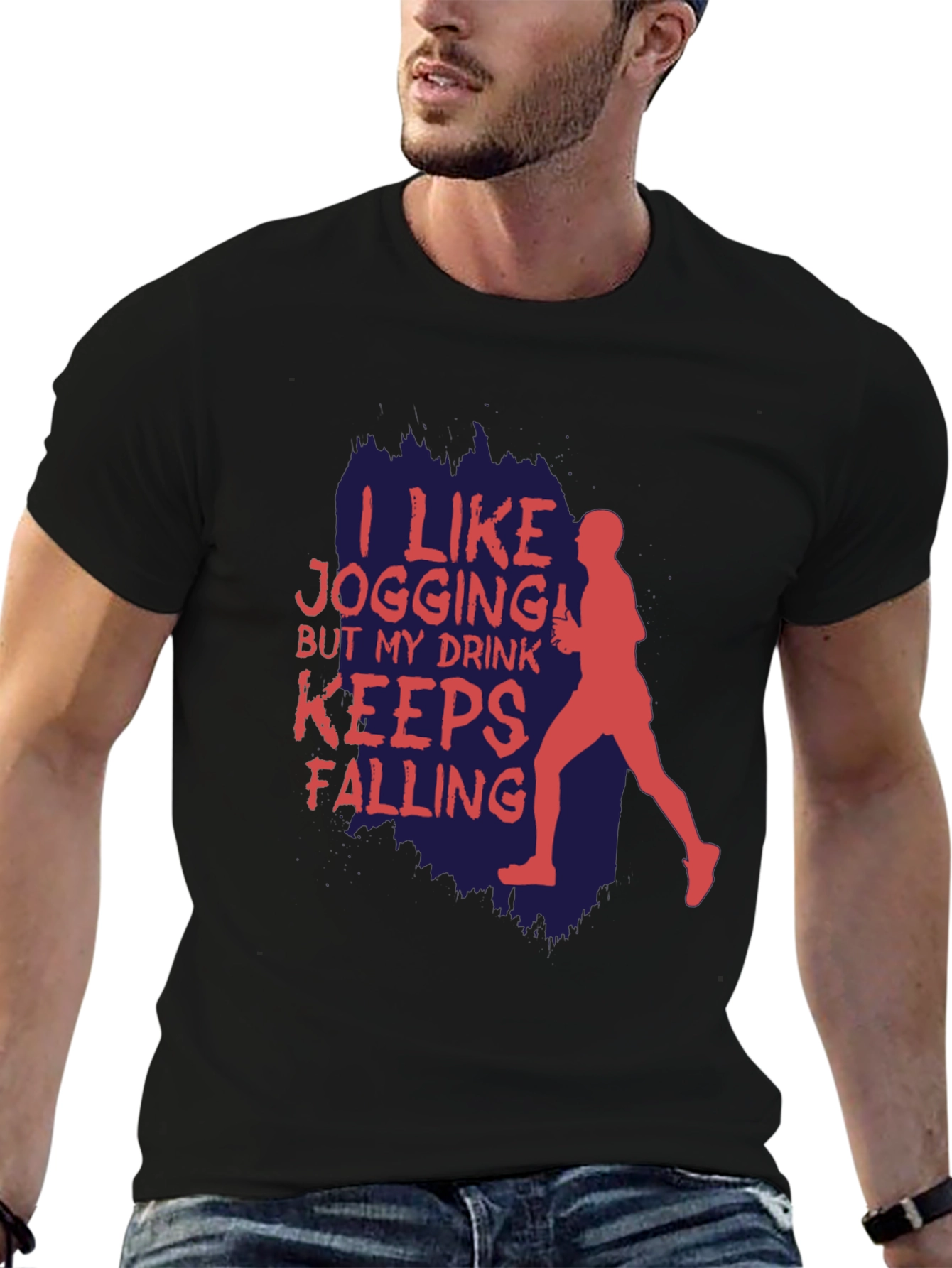 Black Funny Jogging T-Shirt: I Like Jogging, My Drink Keeps Falling view 6