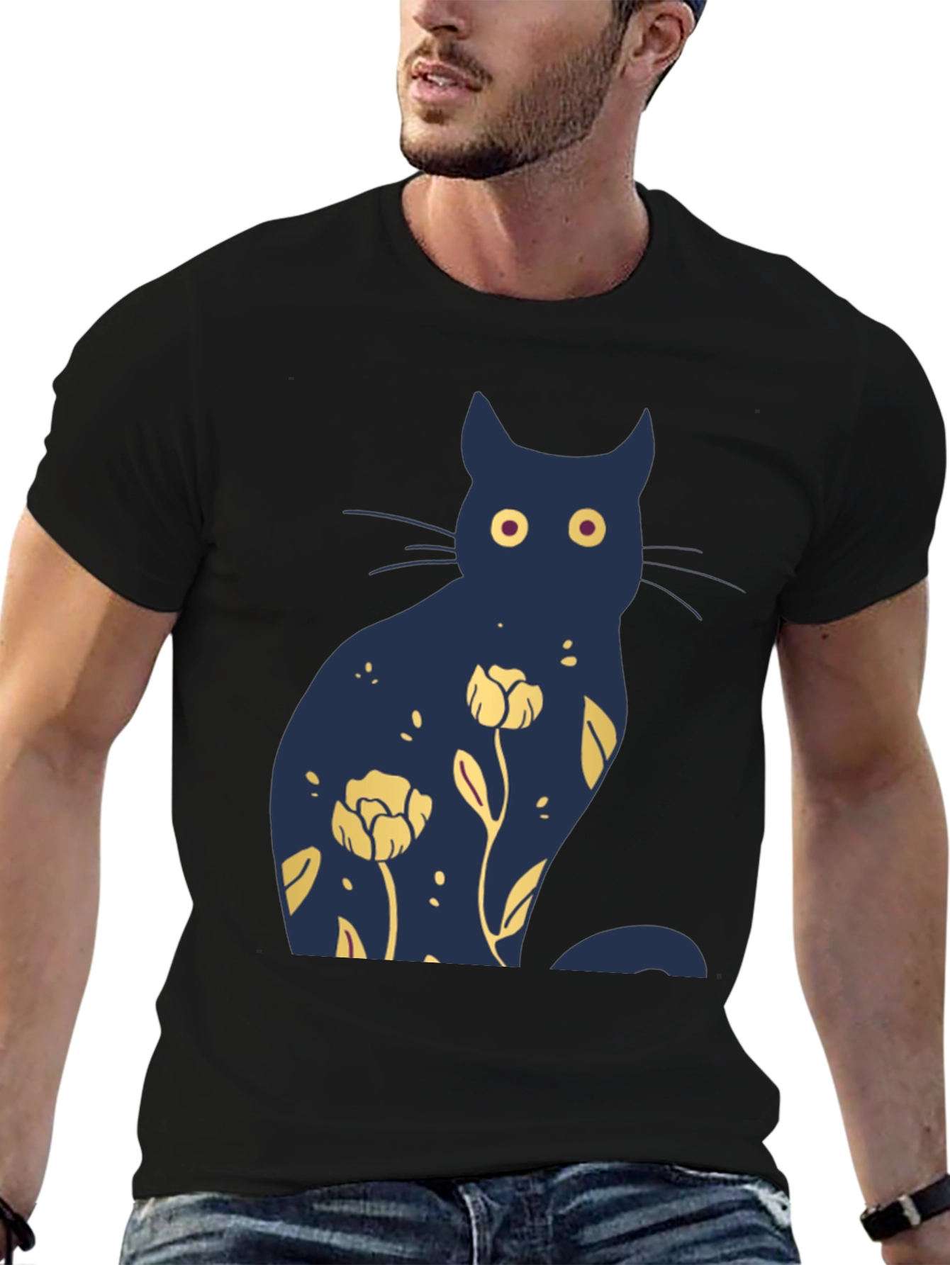 Black Floral Cat Graphic Tee - Unique Design view 6