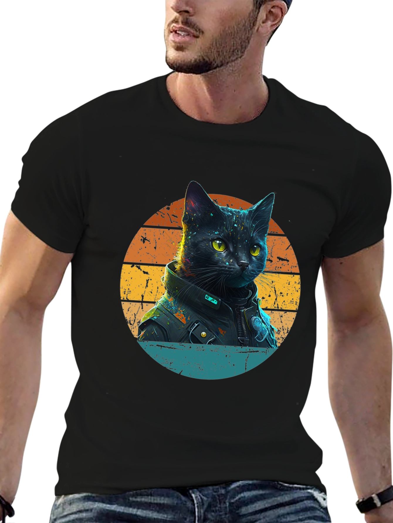 Black Cool Cat in Jacket T-Shirt view 6