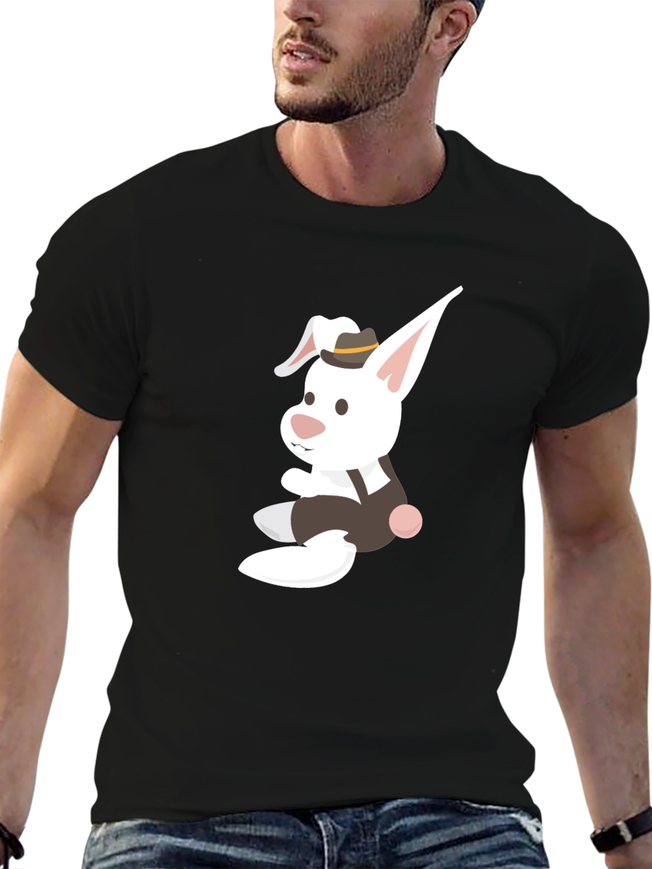 Black Whimsical Bunny Graphic Tee - Black Casual Shirt view 6