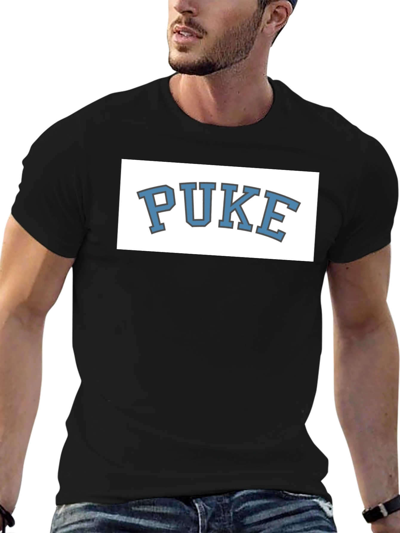 Black PUKE Graphic Tee - Novelty College Style T-Shirt view 6