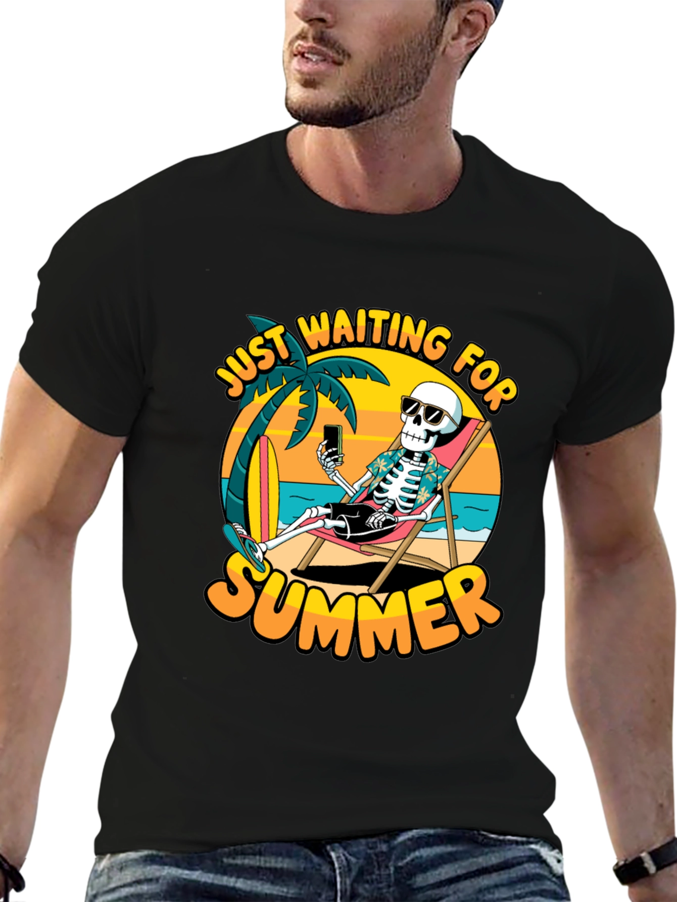 Black Just Waiting For Summer T-Shirt - Skeleton Beach Design view 6