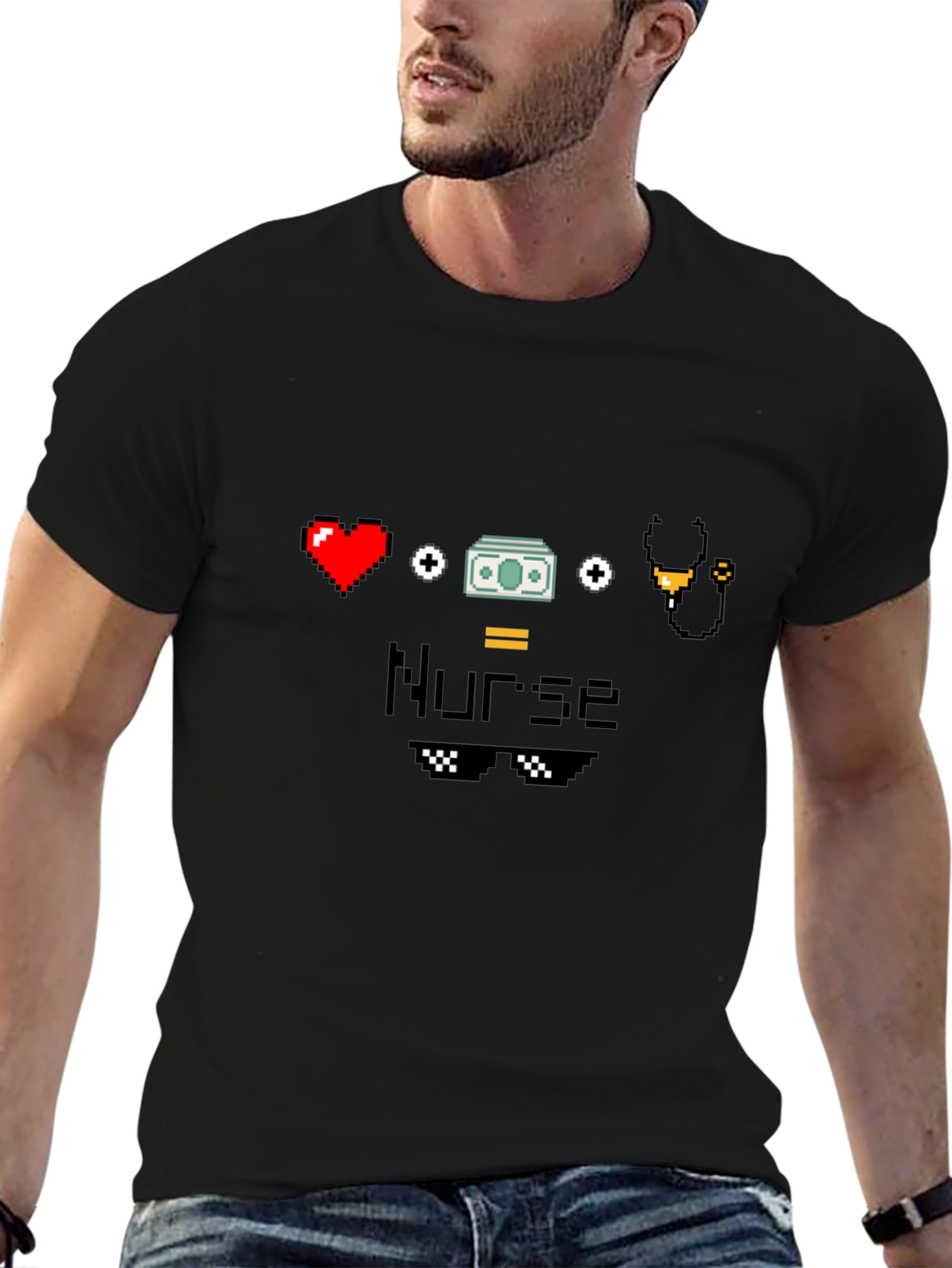 Black Nurse Pixel Art Black T-Shirt - Cool Nurse Tee view 6