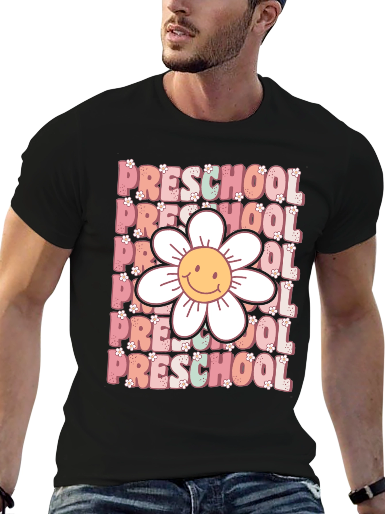 Black Preschool Teacher T-Shirt - Floral Graphic view 6
